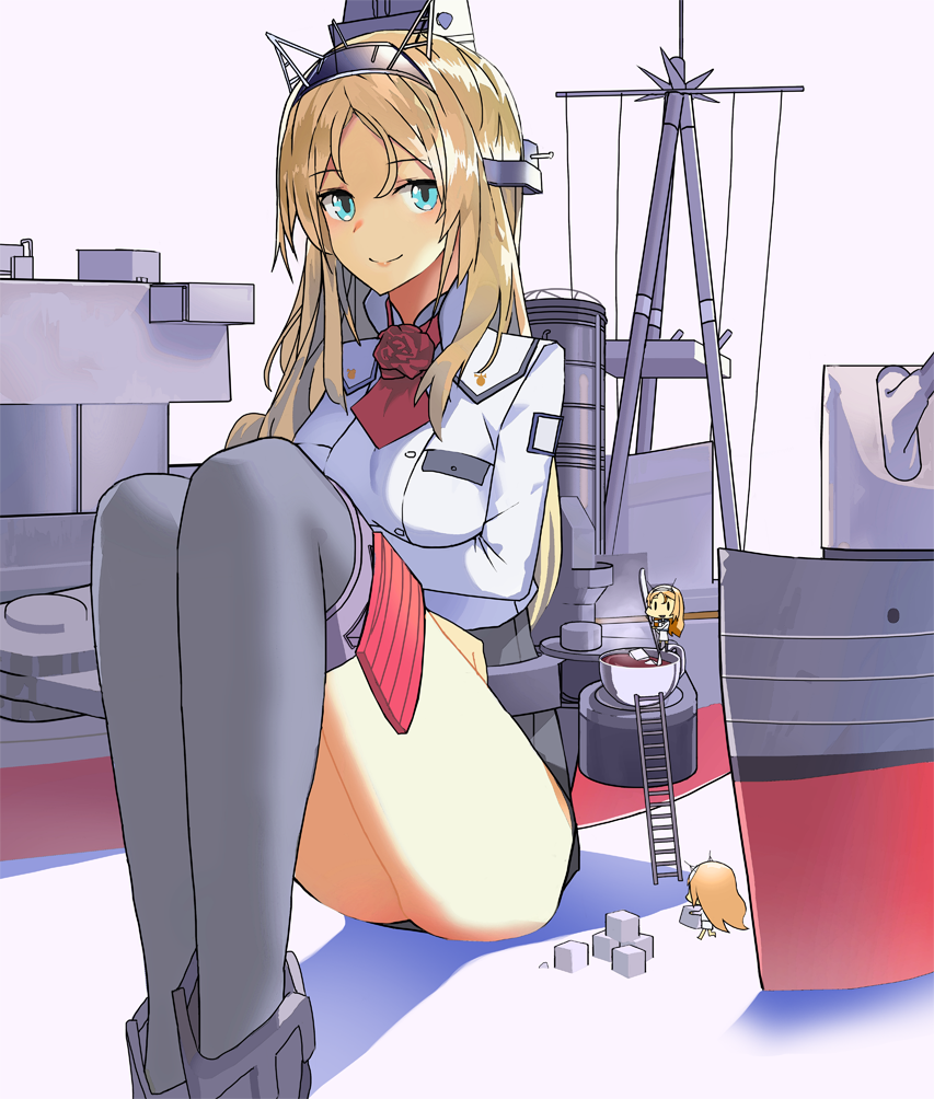 blonde_hair blue_eyes cup fairy_(kantai_collection) feet_out_of_frame flower headgear kantai_collection ladder long_hair machinery military military_uniform minigirl miniskirt multiple_girls nanidato_(nanidat0) nelson_(kantai_collection) red_flower red_rose rigging rose sitting skirt solo_focus sugar_cube teacup thighhighs uniform white_background
