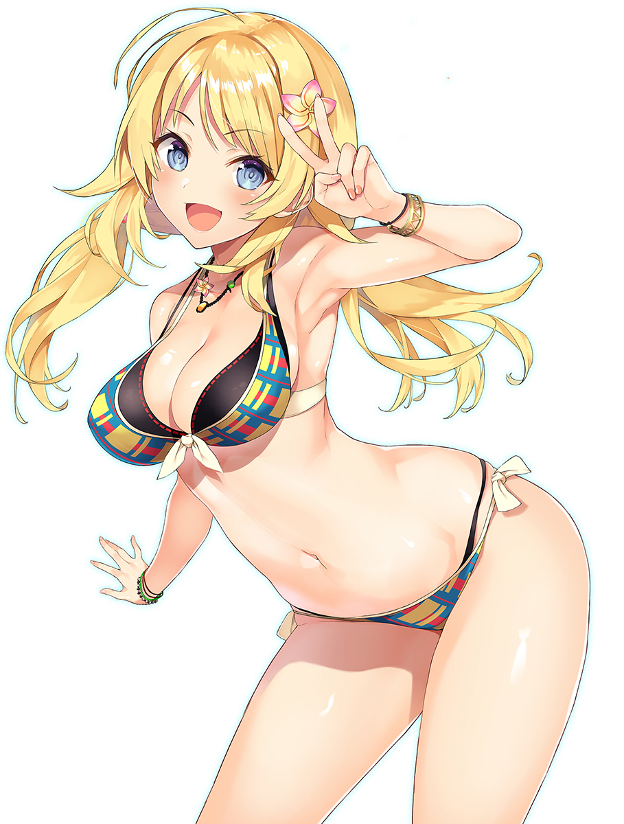 :d ahoge armpits artist_name bangle bangs bare_shoulders bikini black_bikini blonde_hair blue_eyes blush bracelet breasts cleavage collarbone commentary_request cowboy_shot eyebrows_visible_through_hair flower groin hachimiya_meguru hair_between_eyes hair_flower hair_ornament hairclip highres hips idolmaster idolmaster_shiny_colors inuzumi_masaki jewelry large_breasts layered_bikini leaning_forward long_hair looking_at_viewer low_twintails nail_polish navel necklace open_mouth pink_nails shiny shiny_skin side-tie_bikini sidelocks simple_background skindentation smile solo stomach swimsuit thighs twintails v white_background wristband