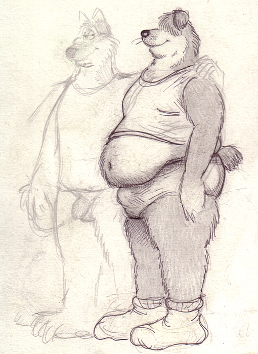 anthro balls bd belly bulge canine clothed clothing dog duo flaccis fur half-closed_eyes legwear male male/male mammal overweight overweight_male pencil_(artwork) penis shaggy_hair shirt slightly_chubby smile socks standing tank_top traditional_media_(artwork) underwear