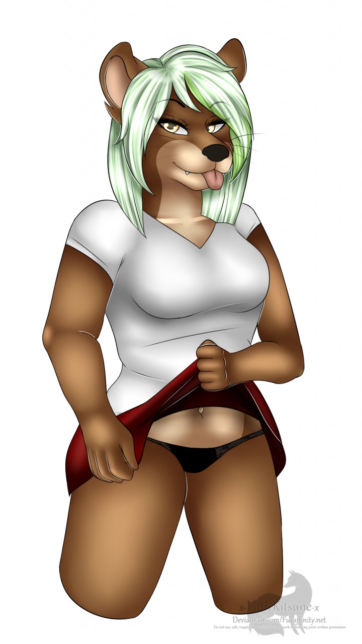 big_breasts blep breasts clothed clothing clothing_lift english_text eyebrows eyelashes female fully_clothed hair long_hair looking_at_viewer mammal mustelid navel netto_(uk-brony) otter panties shirt signature simple_background skirt skirt_lift standing text tongue tongue_out underwear whiskers white_background x-littlekitsune-x