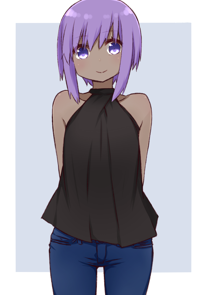 alternate_costume arms_behind_back bangs bare_shoulders black_shirt blue_background blush border closed_mouth cowboy_shot denim eyebrows_visible_through_hair fate/grand_order fate_(series) halterneck hassan_of_serenity_(fate) i.u.y jeans looking_at_viewer outside_border pants purple_eyes purple_hair shirt short_hair sidelocks simple_background sleeveless sleeveless_shirt smile solo white_border