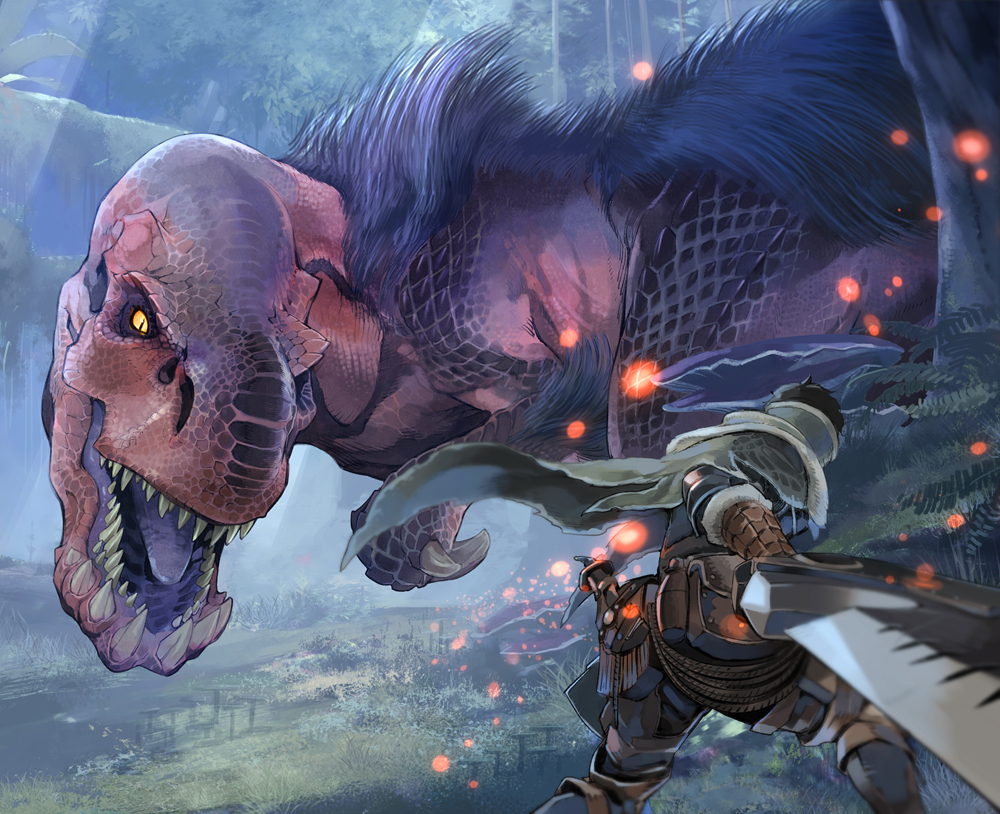 anjanath armor armored_boots black_hair blurry blurry_foreground boots cape collared_cape commentary_request day depth_of_field dinosaur dragon fighting_stance fur fuse_ryuuta gauntlets glowing greatsword high_collar holding holding_sword holding_weapon huge_weapon hunter_(armor) knife knife_holster looking_at_another monster_hunter monster_hunter:_world open_mouth outdoors pants scales sharp_teeth short_hair size_difference slit_pupils standing sword teeth tree weapon yellow_eyes