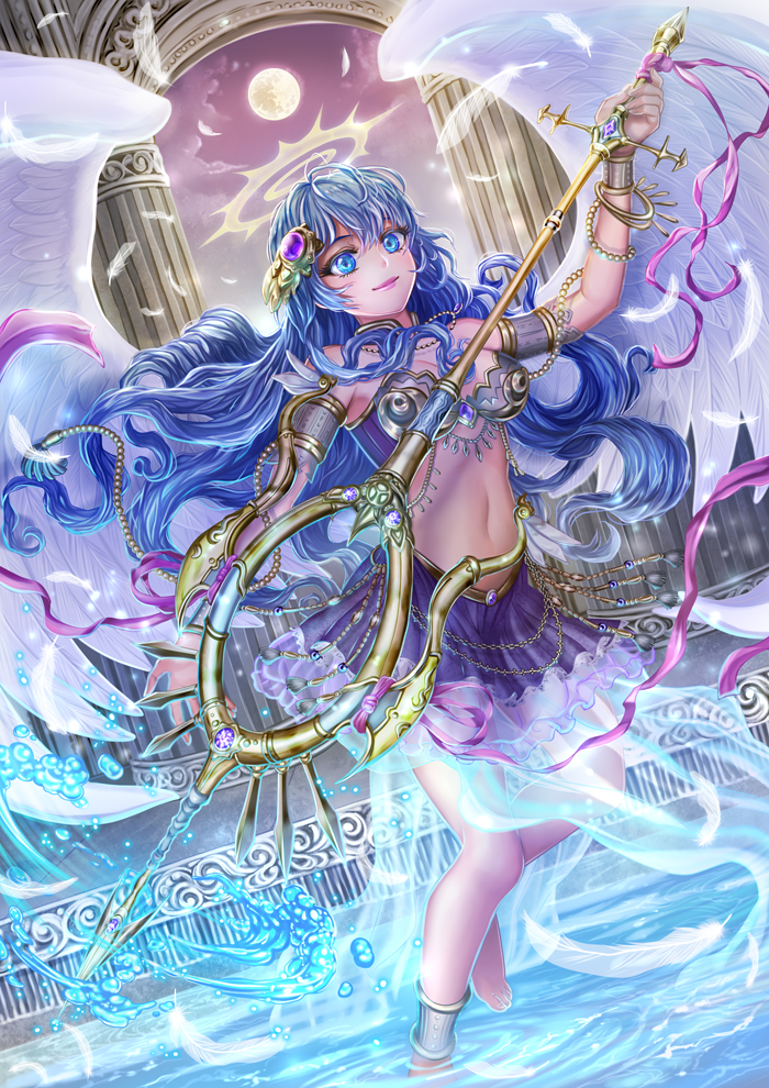 angel_wings anklet arch armlet barefoot blue_eyes blue_hair column feathers full_moon hair_ornament halo holding holding_staff jewelry long_hair magic moon navel original pillar pink_lips pool purple_skirt purple_sky skirt solo staff standing very_long_hair water white_feathers wings yogikka
