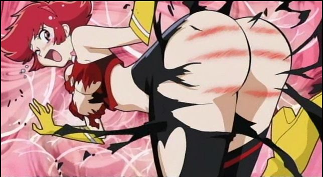 1girl ass ass_focus bare_shoulders bent_over blush breasts butt_crack cleavage curvy cutie_honey cutie_honey_(character) gloves high_heels hips huge_ass looking_back one_eye_closed open_mouth red_,hair red_eyes red_hair solo thick_thighs thighs tongue wide_hips