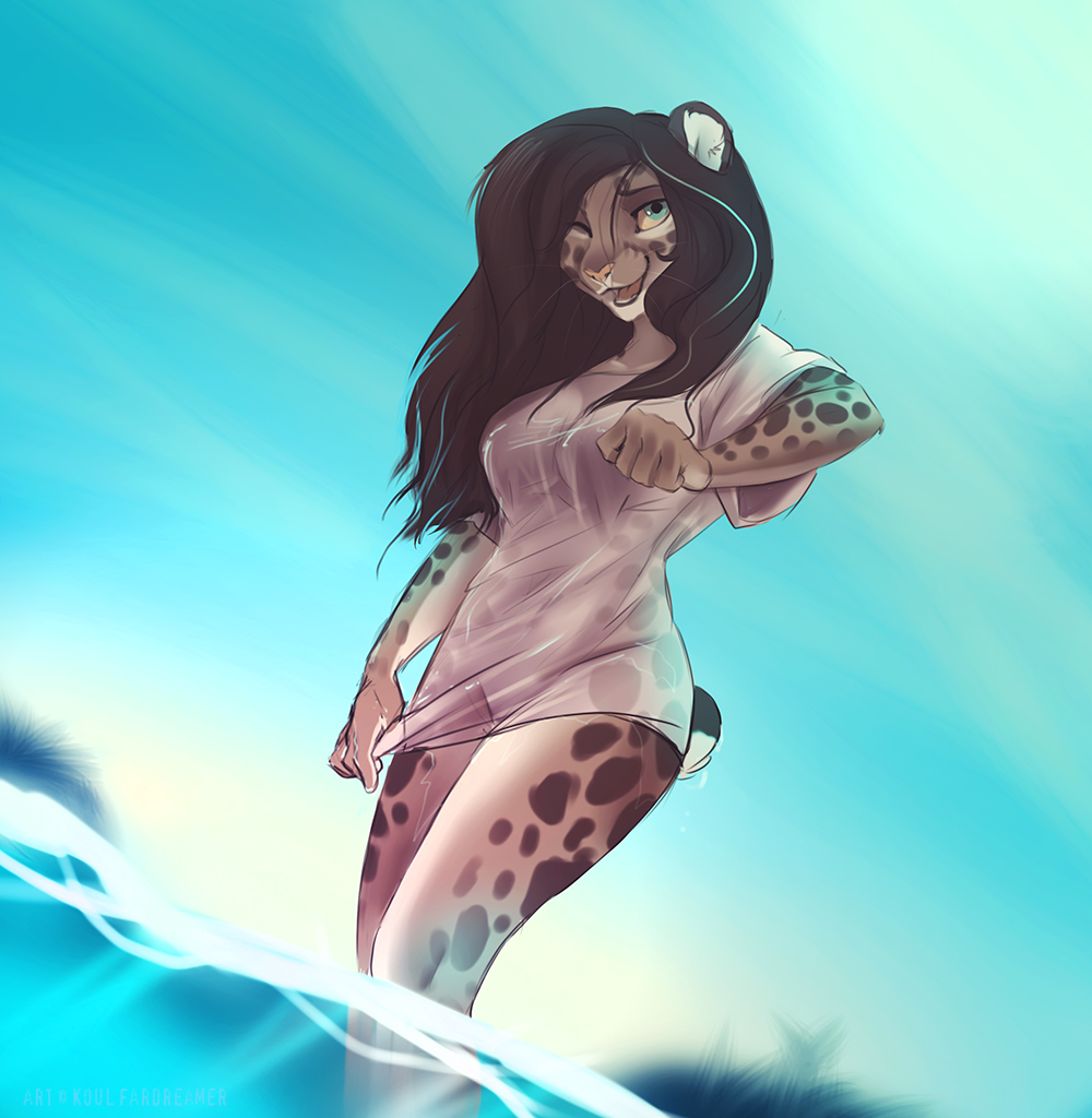 2018 anthro breasts brown_hair clothed clothing covering covering_self day detailed_background feline female hair koul mammal open_mouth outside partially_submerged sky smile solo teeth tongue translucent transparent_clothing water wet_clothing