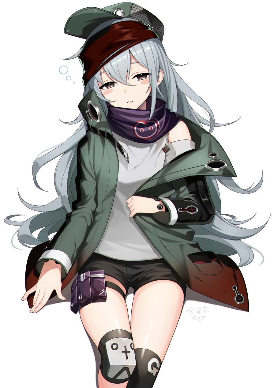 bangs black_shorts blush blush_stickers brown_eyes clothes_grab coat commentary_request eyebrows_visible_through_hair g11_(girls_frontline) girls_frontline grey_shirt hair_between_eyes half-closed_eyes hat head_tilt highres jacket kinsenka_momi long_hair looking_at_viewer messy_hair open_clothes open_coat parted_lips pouch scarf scarf_on_head shirt short_shorts shorts shoulder_cutout sidelocks signature silver_hair simple_background single_knee_pad single_thighhigh sitting sleepy solo thigh_strap thighhighs thighs very_long_hair white_background