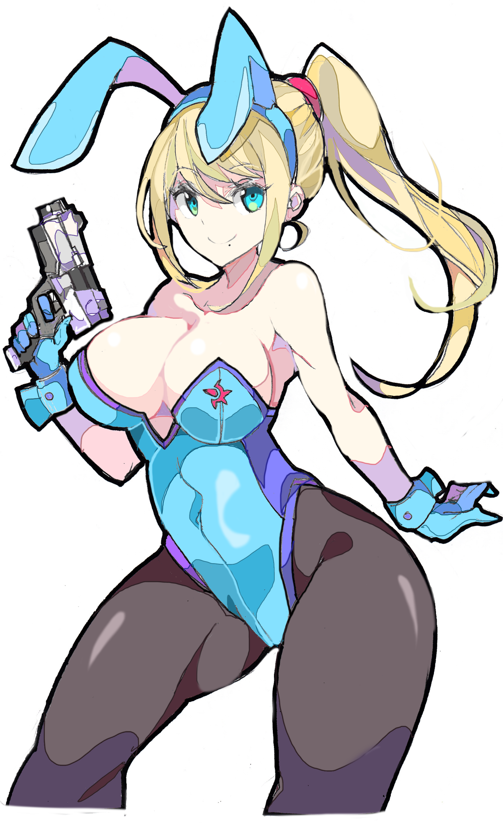 adapted_costume animal_ears arm_at_side bangs bare_arms bare_shoulders black_legwear blonde_hair blue_eyes blue_gloves blue_hairband blue_leotard blush breasts bunny_ears bunny_girl bunnysuit cleavage closed_mouth collarbone covered_navel cowboy_shot detached_collar emblem enpe eyebrows_visible_through_hair fake_animal_ears finger_on_trigger from_side gloves gun hair_between_eyes hair_tie hairband hand_up handgun high_ponytail highleg highleg_leotard highres hips holding holding_gun holding_weapon large_breasts legs_apart leotard light_smile long_hair looking_at_viewer metroid mole mole_under_mouth navel open_mouth pantyhose paralyzer ponytail samus_aran sideboob sidelocks sideways_glance simple_background skin_tight smile solo standing strapless strapless_leotard thick_thighs thighs weapon white_background wrist_cuffs zero_suit