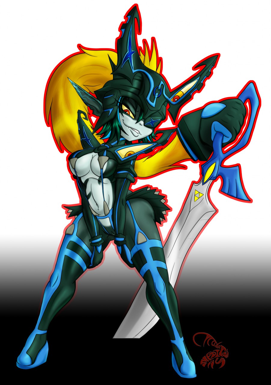 armor cicada_(artist) clothed clothing cosplay costume crossover female gloves humanoid imp kill_la_kill legwear melee_weapon midna nintendo not_furry pussy skimpy skirt solo stockings sword the_legend_of_zelda twili twilight_princess video_games weapon