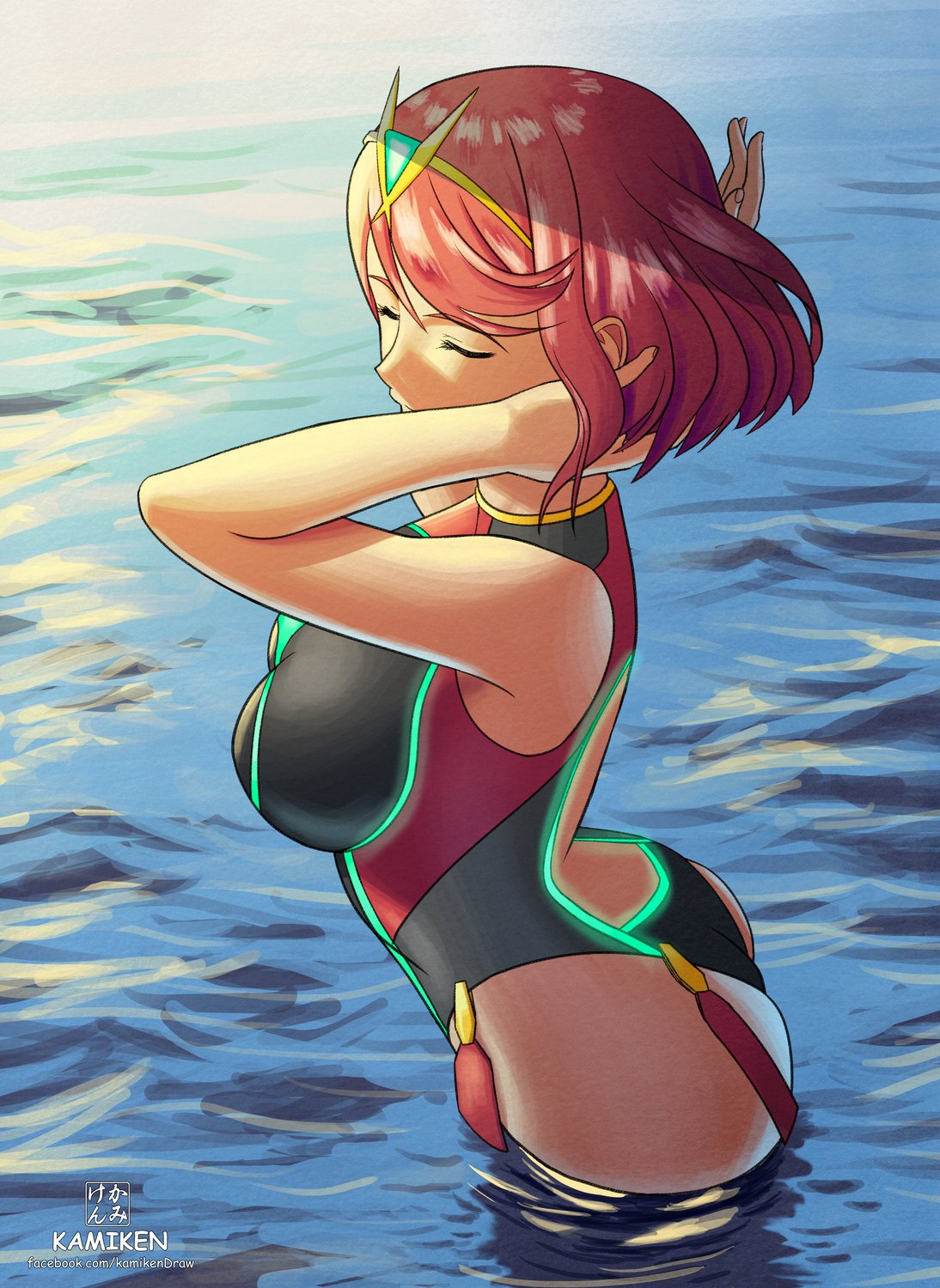 arms_up artist_name ass backlighting bangs bare_arms black_swimsuit breasts closed_eyes cowboy_shot facebook_username from_side glowing hand_in_hair highres homura_(xenoblade_2) kami_mitsugu_(kamiken) large_breasts one-piece_swimsuit red_hair short_hair sidelocks solo swept_bangs swimsuit tiara wading water watermark web_address xenoblade_(series) xenoblade_2