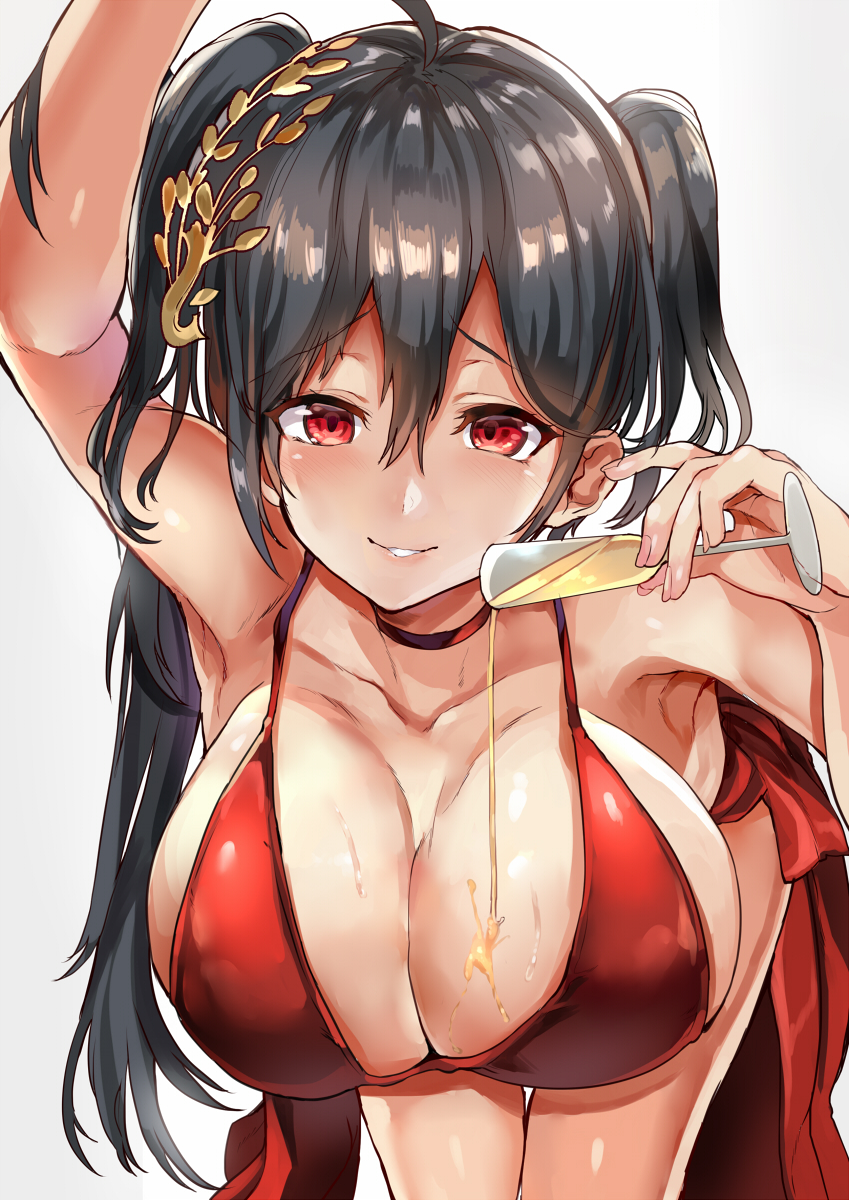 ahoge alcohol alternate_costume armpits azur_lane bangs bare_shoulders black_hair blush breasts champagne champagne_flute choker cleavage cocktail_dress collarbone commentary_request crossed_bangs cup dress drinking_glass eyebrows_visible_through_hair gradient gradient_background hair_between_eyes hair_ornament highres himuro_(dobu_no_hotori) holding holding_cup huge_breasts large_breasts leaning_forward long_hair long_sleeves looking_at_viewer nail_polish nose_blush off_shoulder open_mouth out_of_frame parted_lips pink_nails pouring reaching_out red_choker red_dress red_eyes shiny shiny_skin sidelocks simple_background smile solo taihou_(azur_lane) upper_body very_long_hair