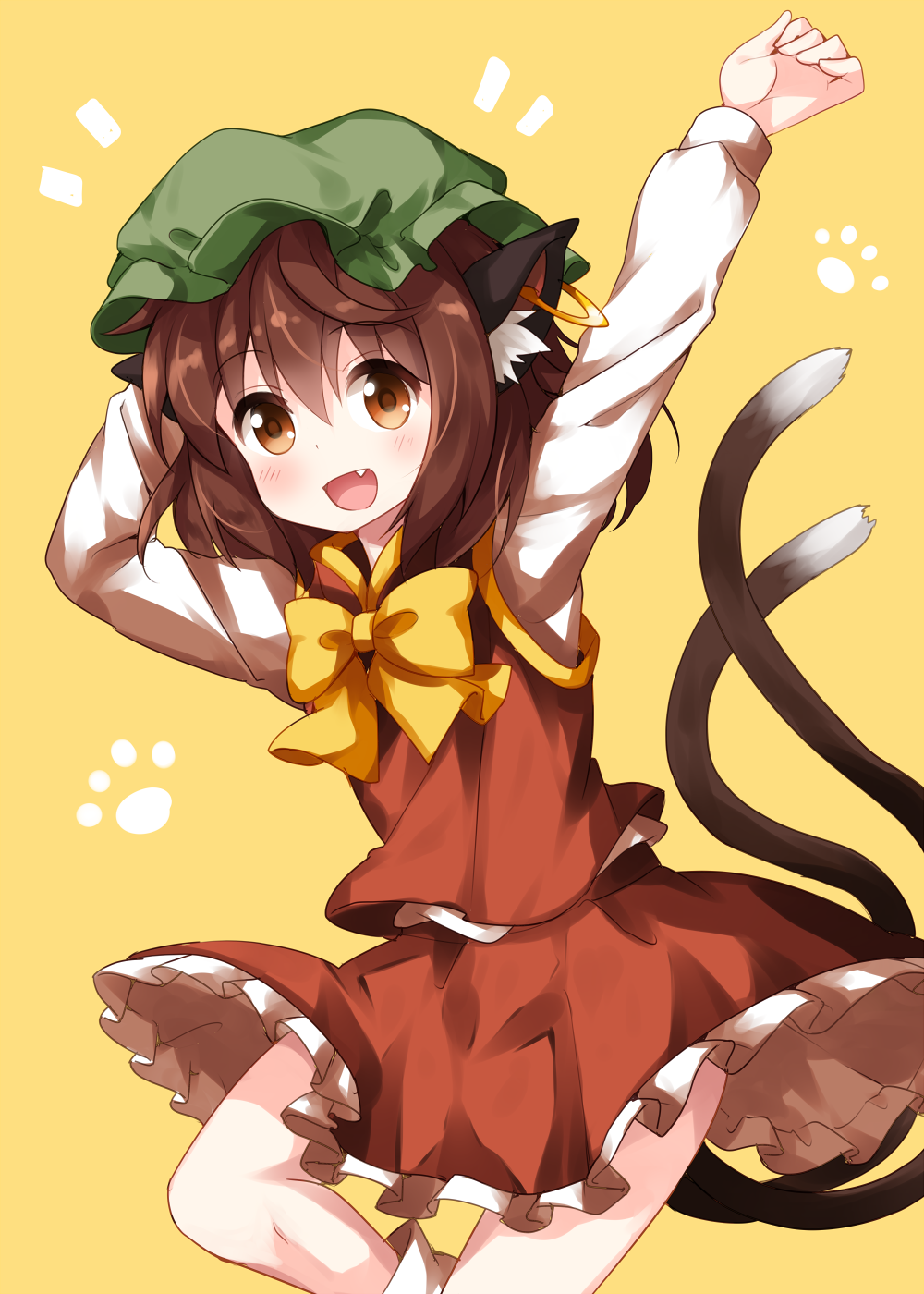 :d animal_ear_fluff animal_ears arms_up bangs bow bowtie brown_eyes brown_hair cat_ears cat_tail chen commentary_request cowboy_shot earrings eyebrows_visible_through_hair fang green_hat hair_between_eyes hand_behind_head hat highres jewelry long_sleeves looking_at_viewer miniskirt mob_cap multiple_tails nekomata open_mouth paw_print petticoat red_skirt red_vest ruu_(tksymkw) shirt simple_background skirt skirt_set smile socks solo tail thighs touhou two_tails vest white_legwear white_shirt yellow_background yellow_bow yellow_neckwear