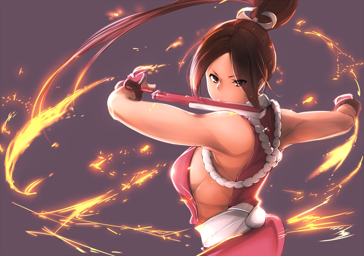 1girl back bare_shoulders breasts brown_eyes brown_hair closed_fan eyes_visible_through_hair fan fatal_fury fire folding_fan from_side hair_ribbon high_ponytail japanese_clothes kuma8132 large_breasts lips long_hair looking_to_the_side mouth_hold ninja obi ponytail purple_background ribbon rope sash serious shiranui_mai sideboob simple_background sleeveless solo tassel the_king_of_fighters upper_body white_ribbon white_sash wrist_guards