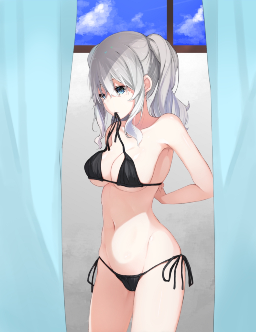 alternate_costume bikini black_bikini blue_eyes blue_sky breasts commentary_request curtains day dressing eyebrows_visible_through_hair grey_hair hair_between_eyes highres inushi kantai_collection kashima_(kantai_collection) large_breasts long_hair mouth_hold sidelocks sky solo swimsuit twintails window