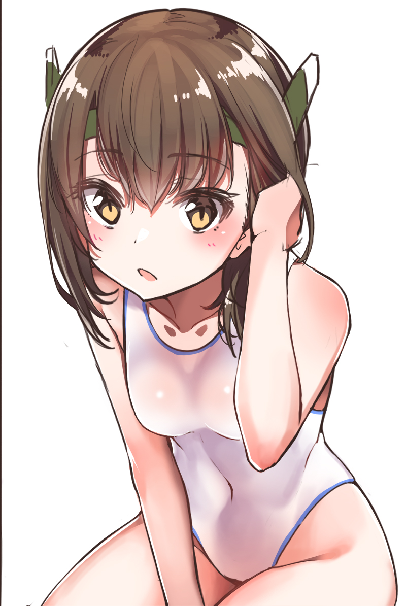 brown_eyes brown_hair collarbone competition_swimsuit covered_navel cowboy_shot flat_chest headgear kantai_collection konnyaku_(kk-monmon) leaning_forward looking_at_viewer one-piece_swimsuit simple_background solo swimsuit taihou_(kantai_collection) white_background white_swimsuit