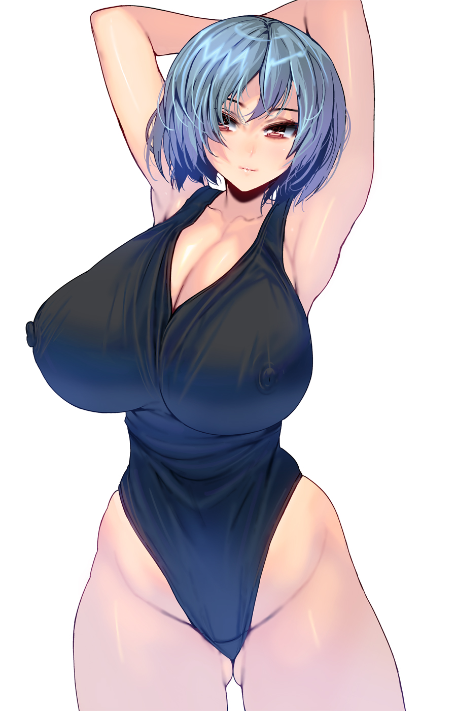 armpits arms_up ass_visible_through_thighs blue_hair breasts cleavage commentary_request covered_nipples curvy groin highres hips huge_breasts light_smile looking_at_viewer masao original red_eyes short_hair simple_background solo swimsuit thick_thighs thighs white_background