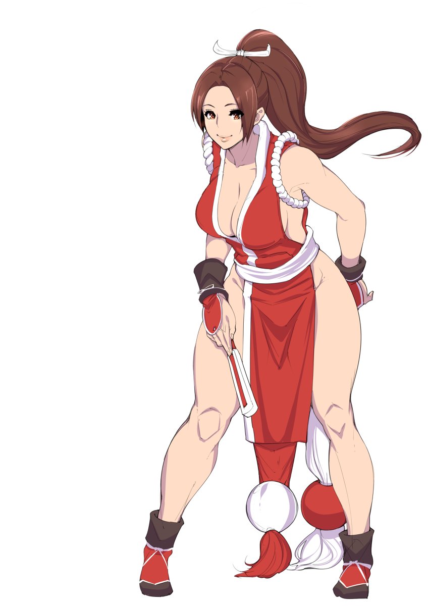 1girl bare_legs bare_shoulders breasts brown_eyes brown_hair cleavage closed_fan closed_mouth collarbone fan fatal_fury folding_fan groin hair_ribbon hand_on_hip hand_on_thigh high_ponytail hips holding holding_fan japanese_clothes knees kuma8132 large_breasts leaning_forward lips long_hair looking_at_viewer ninja obi pelvic_curtain ponytail revealing_clothes ribbon rope sash shiranui_mai sideboob simple_background sleeveless smile solo standing the_king_of_fighters thick_thighs thighs white_background white_ribbon white_sash wrist_guards