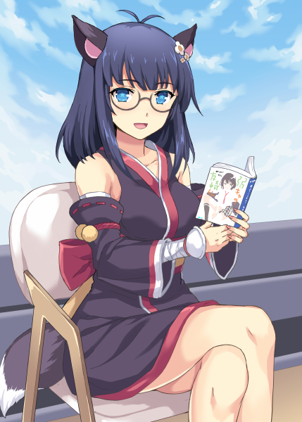 :d animal_ears bangs bare_shoulders black_kimono blue_eyes blue_hair blue_sky blush book chair cloud cloudy_sky commentary_request copyright_request crossed_legs day detached_sleeves eyebrows_visible_through_hair glasses holding holding_book japanese_clothes kimono long_hair long_sleeves looking_at_viewer on_chair open_book open_mouth outdoors rasahan round_eyewear semi-rimless_eyewear sitting sky sleeveless sleeveless_kimono smile solo tail under-rim_eyewear virtual_youtuber wide_sleeves