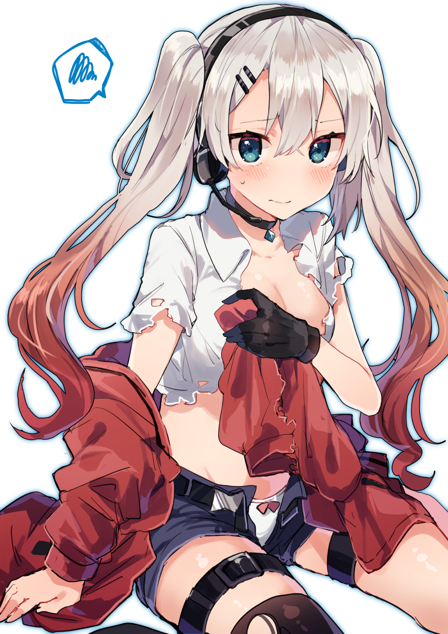 bangs belt black_gloves blue_eyes blush breasts choker cleavage collared_shirt commentary_request covering covering_breasts crop_top denim denim_shorts embarrassed eyebrows_visible_through_hair girls_frontline gloves grey_hair hair_between_eyes hair_ornament hairclip headset highres ikeuchi_tanuma jacket long_hair looking_at_viewer lwmmg_(girls_frontline) medium_breasts multicolored_hair panties red_hair red_jacket shirt shorts simple_background sitting solo spoken_squiggle squiggle sweatdrop thigh_strap torn_clothes torn_shirt twintails two-tone_hair underwear white_background white_panties white_shirt wing_collar