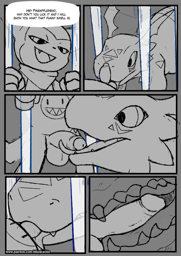 balls blitzdrachin close-up close_up_panel comic dialogue digimon erection fellatio foreskin guilmon impmon internal internal_panel licking male male/male mouth_shot oral patreon penis reptile scalie sex smile sucking tongue tongue_out unfinished