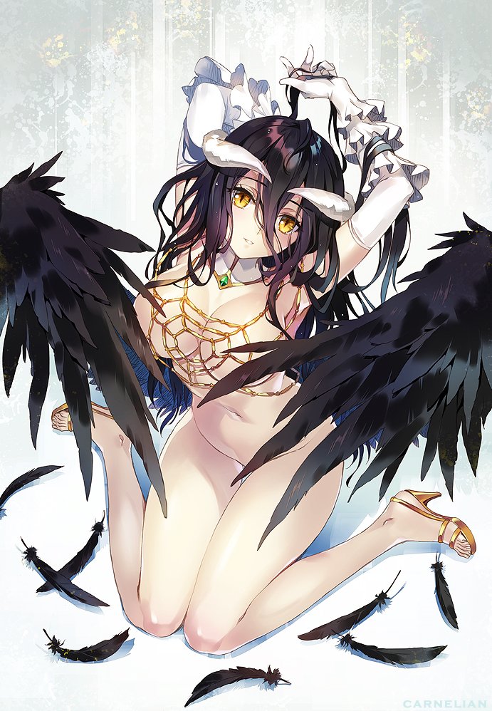 albedo arms_up artist_name black_hair black_wings breasts carnelian commentary_request convenient_censoring detached_collar elbow_gloves feathers gloves high_heels horns large_breasts legs long_hair looking_at_viewer nude open_toe_shoes overlord_(maruyama) parted_lips sitting slit_pupils solo wariza white_gloves wing_censor wings yellow_eyes