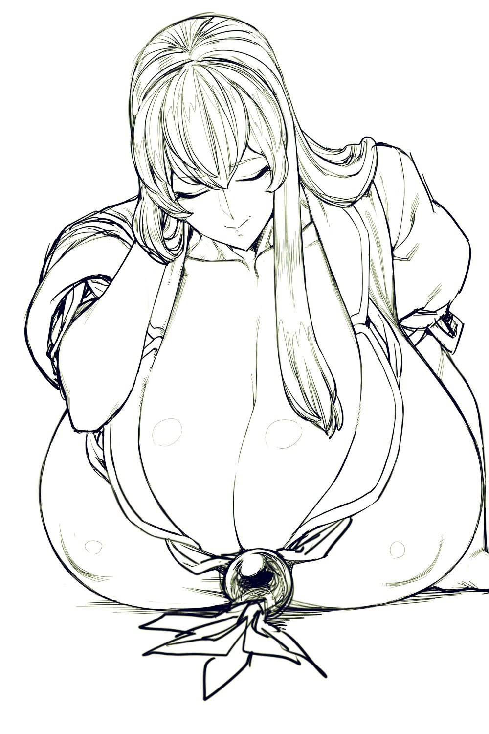 breast_rest breasts cleavage closed_eyes collarbone covered_nipples eyebrows_visible_through_hair gigantic_breasts hair_between_eyes hand_in_hair highres kamishirasawa_keine long_hair monochrome neckerchief puffy_short_sleeves puffy_sleeves short_sleeves smile space_jin touhou upper_body