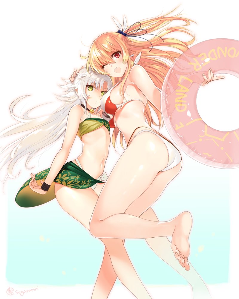 ;d alisa_reinford artist_name ass barefoot bell bell_collar bikini blonde_hair blue_background breasts collar cowboy_shot eiyuu_densetsu feathers fie_claussell green_eyes hair_feathers hand_on_another's_head innertube long_hair looking_at_viewer medium_breasts multiple_girls navel one_eye_closed open_mouth red_eyes sagaraise sarong scrunchie sen_no_kiseki side_ponytail sideboob signature silver_hair simple_background small_breasts smile strapless swimsuit tubetop two-tone_background white_background wristband