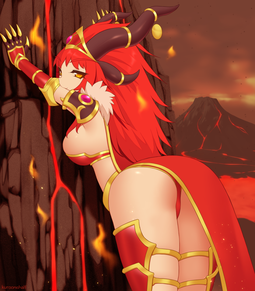 against_wall alexstrasza armor arms_up ass bangs big_hair breasts brown_horns commentary dark_sky diadem embers english_commentary eyebrows_visible_through_hair fantasy gold_trim half-closed_eyes horn_ornament horns kuroonehalf light_smile long_hair looking_at_viewer looking_to_the_side molten_rock multiple_horns orange_eyes outstretched_arms personification red_hair rock shoulder_armor sideboob smile solo vambraces very_long_hair volcano warcraft world_of_warcraft