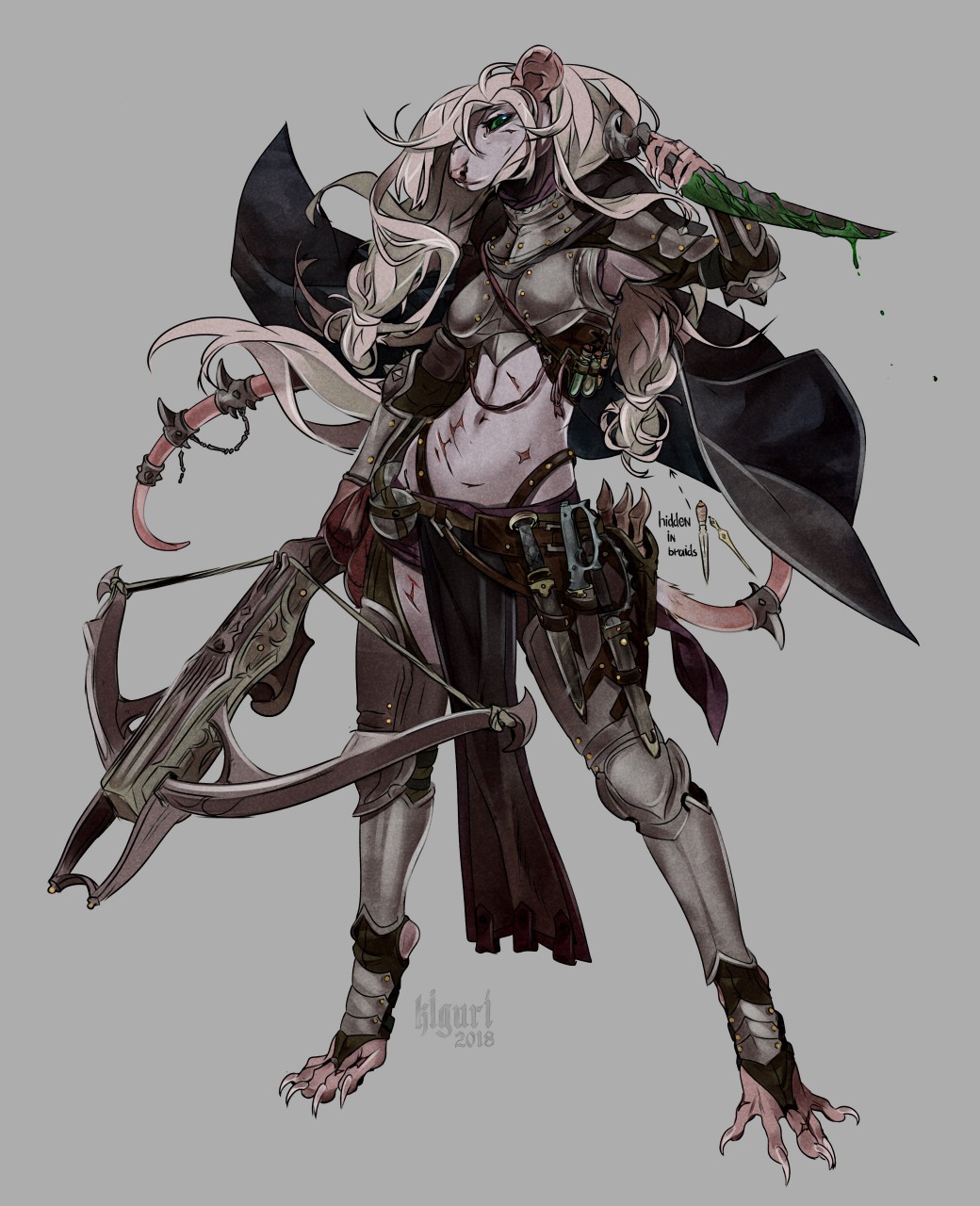 2018 5_toes anthro armor belt bikini_armor blue_sclera cloak clothed clothing crossbow dagger digital_media_(artwork) female fur greaves green_eyes hair holding_object holding_weapon invalid_tag kiguri loincloth mammal melee_weapon midriff navel pink_fur pink_hair ranged_weapon rat rodent scar simple_background skaven solo toes weapon wounded
