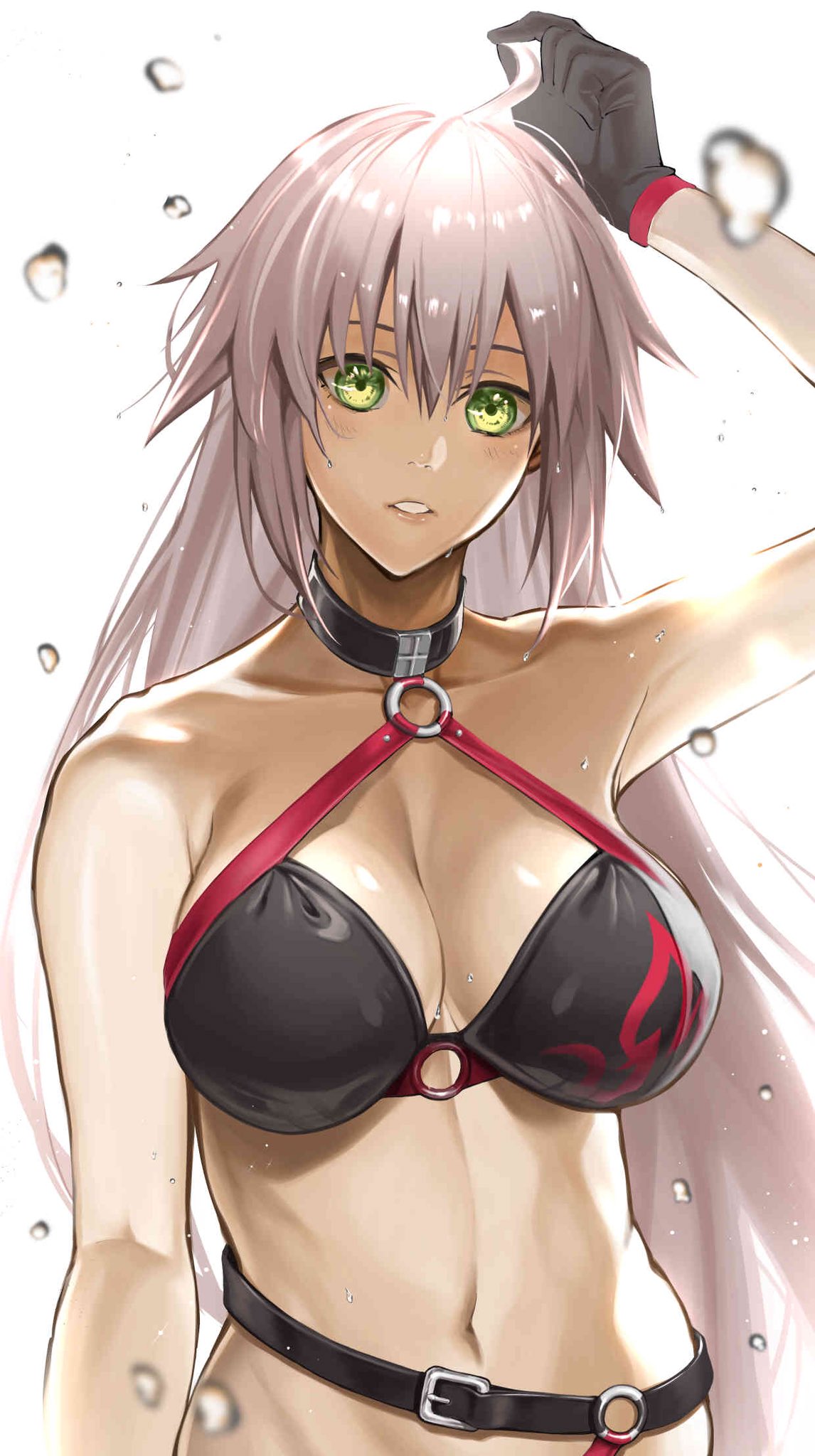 ahoge arm_at_side bad_id bad_twitter_id bangs bare_shoulders bikini black_bikini black_choker black_gloves breasts choker cleavage collarbone commentary_request fate/grand_order fate_(series) fumi_fumi_(7837224) gloves hair_between_eyes hand_on_own_head highres jeanne_d'arc_(alter_swimsuit_berserker) jeanne_d'arc_(fate)_(all) large_breasts long_hair looking_at_viewer navel o-ring o-ring_bikini o-ring_top open_mouth parted_lips silver_hair simple_background solo swimsuit teeth upper_body white_background yellow_eyes