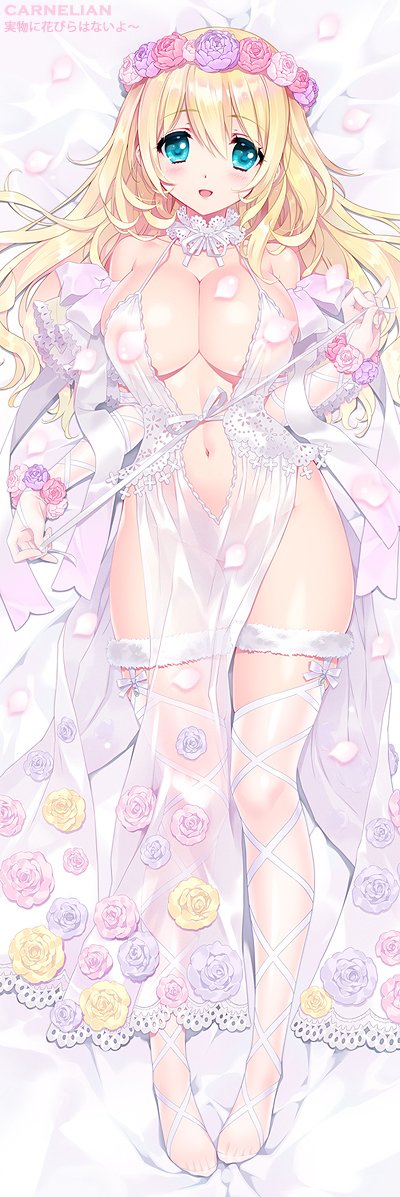 :d aqua_eyes artist_name atago_(kantai_collection) blonde_hair blush breasts carnelian center_opening commentary_request dress flower full_body hair_flower hair_ornament head_wreath kantai_collection large_breasts long_hair lying navel no_shoes on_back open_mouth petal_censor petals ribbon see-through smile thighhighs untying white_dress white_ribbon