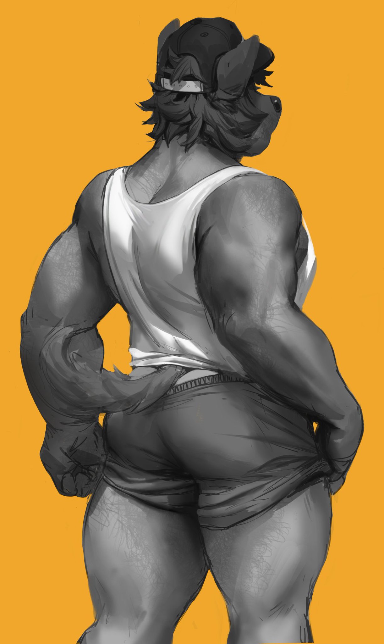 anthro athletic butt canine clothing hat male mammal muscular pinup pose shirt shorts solo tacklebox tank_top