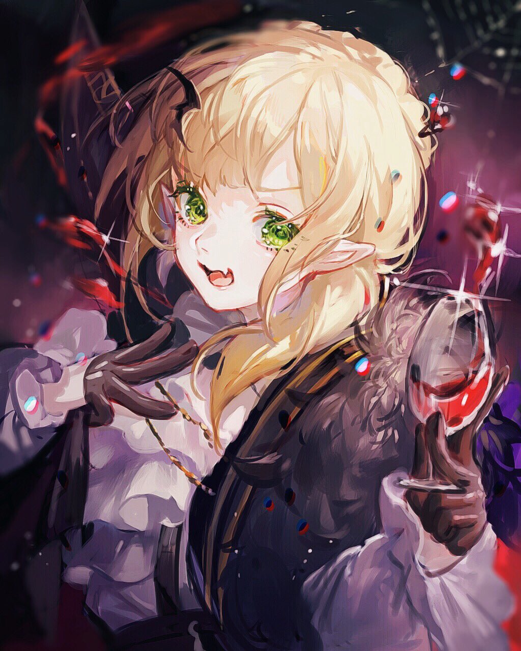 aiguillette alcohol alternate_costume alternate_hairstyle ascot black_cape black_gloves blonde_hair braid cape commentary_request crown_braid cup drinking_glass fang french_braid frilled_sleeves frills girls_frontline gloves green_eyes hair_over_shoulder halloween highres long_sleeves looking_at_viewer low_ponytail maccha_(mochancc) open_mouth pointy_ears smile solo suspenders upper_body vampire_costume welrod_mk2_(girls_frontline) wide_sleeves wine_glass wing_hair_ornament