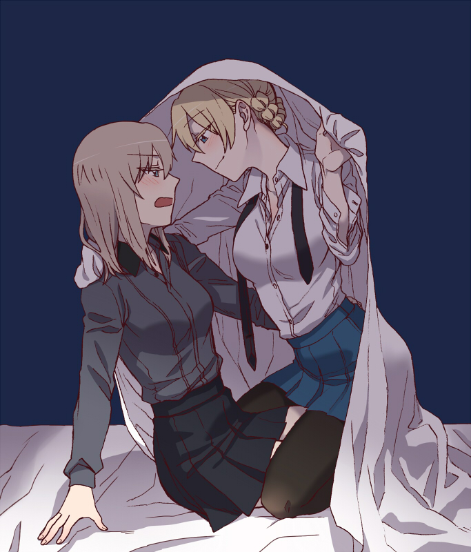 arm_around_shoulder arm_support bangs bed_sheet black_legwear black_neckwear black_skirt blonde_hair blue_eyes blue_skirt blush closed_mouth commentary darjeeling dress_shirt eyebrows_visible_through_hair from_side frown girls_und_panzer grey_shirt itsumi_erika kneeling kuromorimine_school_uniform leaning_back leaning_forward long_hair long_sleeves looking_at_another miniskirt multiple_girls necktie on_bed open_mouth pantyhose pleated_skirt school_uniform shirt short_hair silver_hair sitting skirt smile st._gloriana's_school_uniform straddling tied_hair torinone unbuttoned unbuttoned_shirt untied white_shirt wing_collar yuri