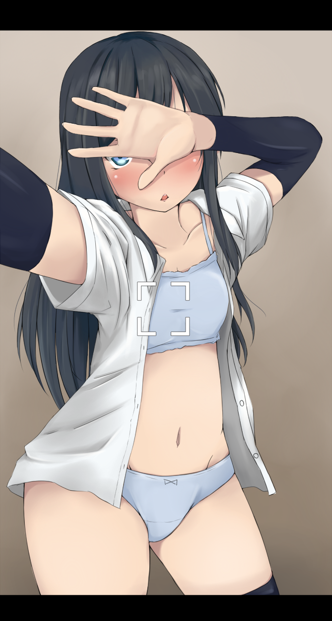 arm_warmers asashio_(kantai_collection) black_hair black_legwear blue_eyes blush bra breasts check_commentary commentary commentary_request grey_bra grey_panties groin hand_over_face highres kantai_collection letterboxed long_hair navel panties reaching_out self_shot skindentation small_breasts solo tan_background thighhighs thighs underwear wasumi_kei