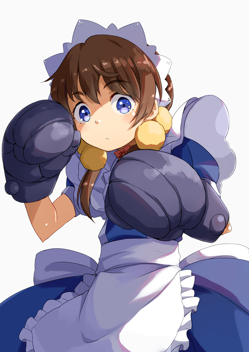 apron arcana_heart blue_eyes boxing_gloves brown_hair commentary_request eyebrows_visible_through_hair fiona_mayfield gloves grey_gloves looking_at_viewer maid maid_apron maid_headdress okosan_(pixiv) short_hair short_twintails simple_background solo standing twintails