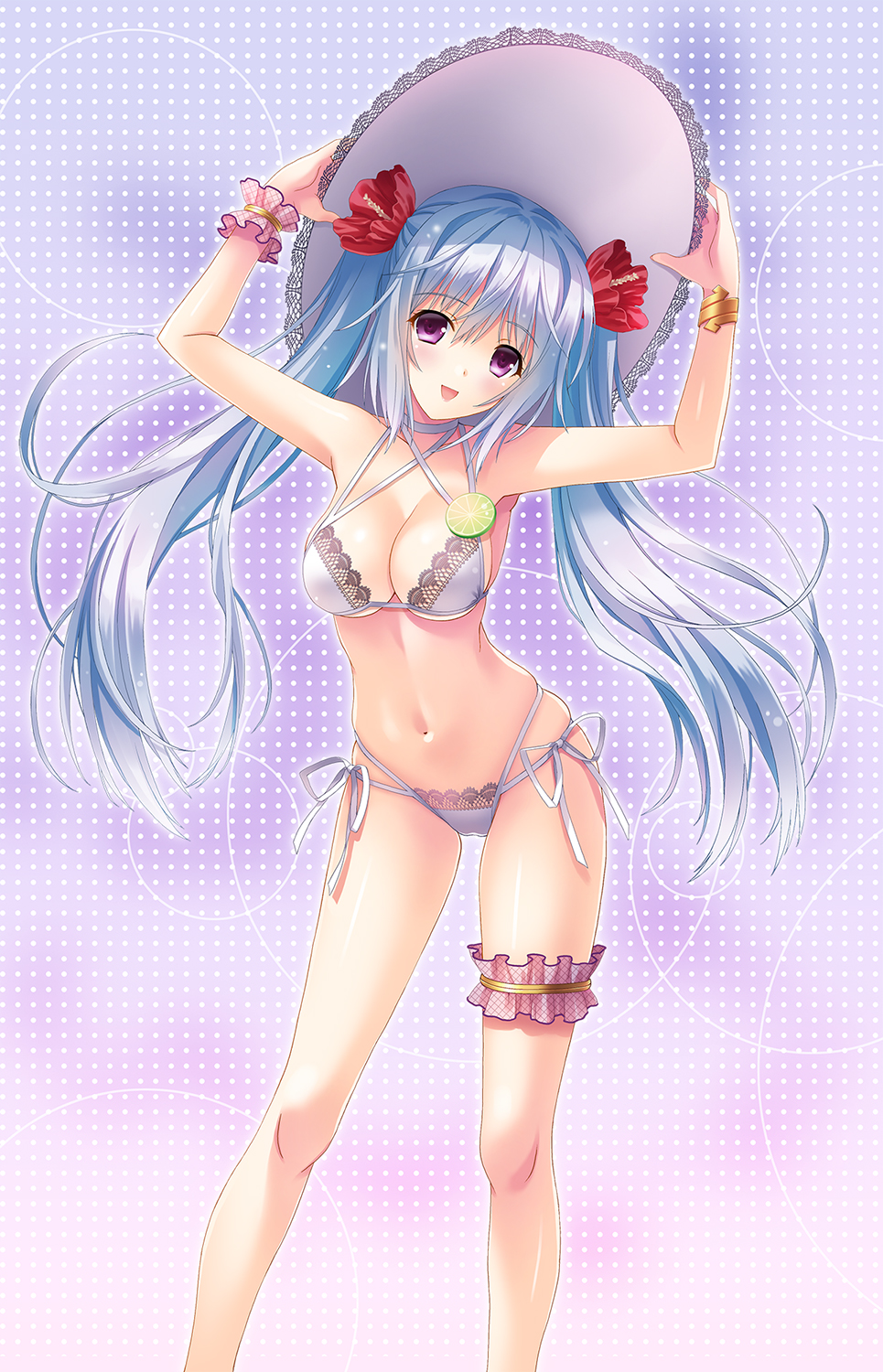 :d arms_up bikini blue_hair blush bracelet breasts cleavage collarbone eyebrows_visible_through_hair floating_hair flower hair_between_eyes hair_flower hair_ornament halterneck hat head_tilt hibiscus highres jewelry kimizuka_aoi large_breasts long_hair looking_at_viewer multi-strapped_bikini navel open_mouth original purple_eyes red_flower ribbon shiny shiny_skin side-tie_bikini sideboob smile solo standing sun_hat swimsuit thigh_strap twintails very_long_hair white_bikini white_hat white_ribbon wrist_cuffs