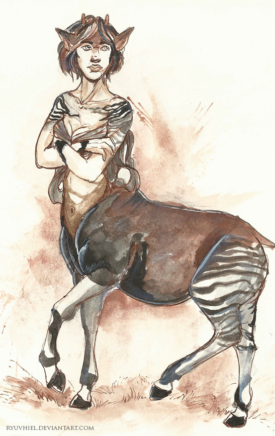 2016 3_fingers animal_humanoid black_body black_hooves black_stripes bottomless breasts brown_background brown_body brown_hair brown_horn brown_tail cleavage clothed clothing collarbone crop_top crossed_arms female fetlocks frown full-length_portrait giraffid giraffid_humanoid giraffid_taur grass hair hooves horn humanoid inktober lips looking_aside looking_away mammal medium_breasts multicolored_body navel okapi okapi_humanoid okapi_taur ossicones pointy_ears portrait quadruped raised_leg restricted_palette ryuvhiel shirt short_hair side_view simple_background solo standing striped_body stripes taur traditional_media_(artwork) url white_background white_body white_stripes