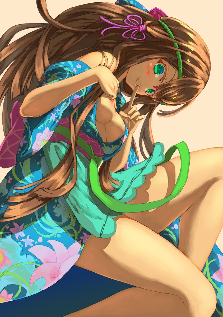 aqua_kimono areolae bangs bare_legs blunt_ends blush breasts brown_hair colored_eyelashes commentary_request covered_nipples facial_mark finger_to_mouth floral_print forehead_mark green_eyes hands_up highres index_finger_raised japanese_clothes kimono kushinada_(p&amp;d) long_hair long_sleeves looking_at_viewer nipples obi osabachan parted_bangs print_kimono puzzle_&amp;_dragons sash smile solo underboob very_long_hair wide_sleeves