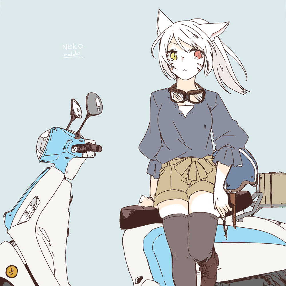 :&lt; animal_ears artist_name bangs black_legwear blue_background cat_ears closed_mouth contemporary facial_mark final_fantasy final_fantasy_xiv flat_color goggles goggles_around_neck ground_vehicle headwear_removed helmet helmet_removed heterochromia lili_mdoki long_hair looking_to_the_side miqo'te motor_vehicle ponytail scooter shorts signature sitting solo thighhighs white_hair
