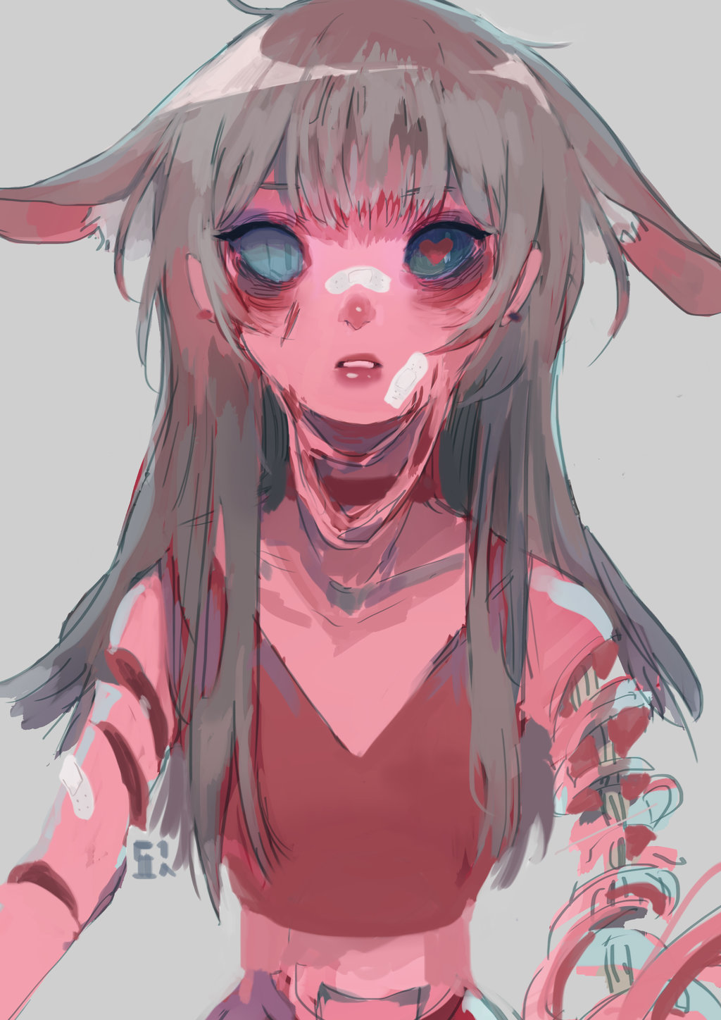 1girl animal_ears bandaid bandaid_on_arm bandaid_on_cheek bandaid_on_face bandaid_on_nose bangs blue_eyes bone commentary dochanhee english_commentary grey_background guro heart heart-shaped_pupils highres looking_at_viewer original simple_background solo symbol-shaped_pupils