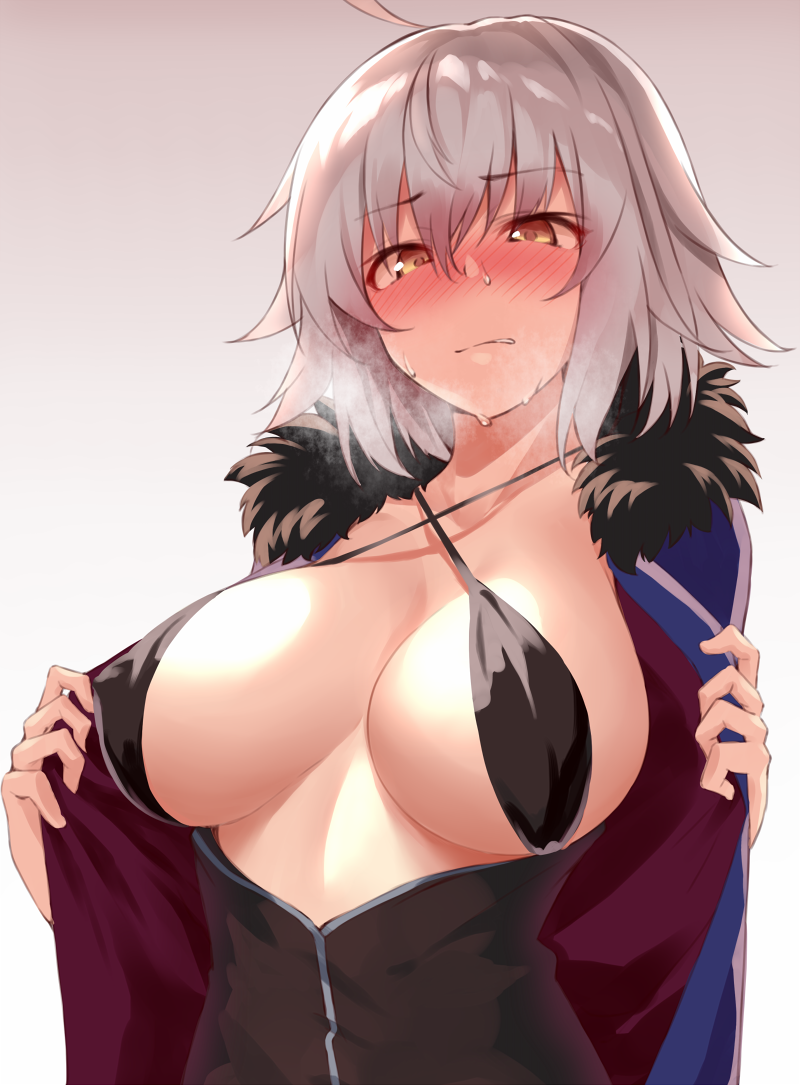 ahoge bangs black_bikini_top black_dress blue_coat blush breasts breasts_outside cleavage coat collarbone commentary_request dress fate/grand_order fate_(series) fur-trimmed_coat fur_trim hair_between_eyes halterneck jeanne_d'arc_(alter)_(fate) jeanne_d'arc_(fate)_(all) large_breasts looking_at_viewer open_clothes open_coat short_hair shunichi silver_hair solo sweat wicked_dragon_witch_ver._shinjuku_1999 yellow_eyes
