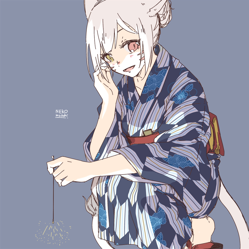 animal_ears bangs blue_background cat_ears cat_tail facial_mark final_fantasy final_fantasy_xiv fireworks floral_print heterochromia japanese_clothes kimono lili_mdoki looking_at_viewer miqo'te obi open_mouth sash short_hair signature sketch slit_pupils solo sparkler squatting tail whisker_markings white_hair