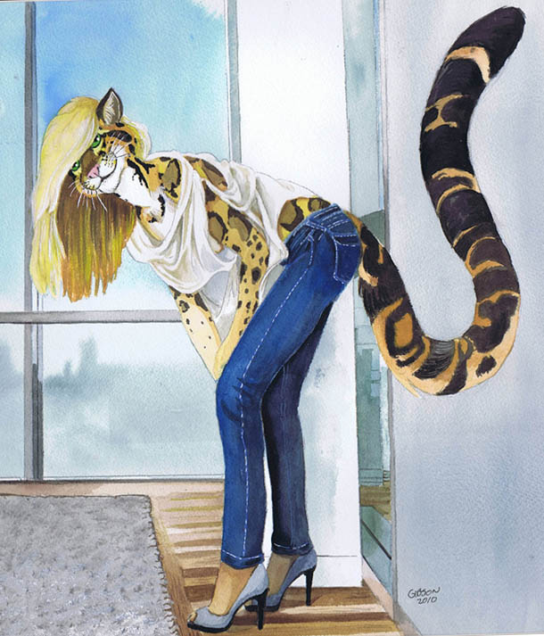 2010 anthro bent_over biped black_fur black_tail blonde_hair blue_bottomwear blue_clothing brown_fur brown_tail clothing clouded_leopard countershade_arms countershade_face countershade_tail countershade_torso countershading doorway feline female footwear full-length_portrait fur furgonomics green_eyes hair hand_on_legs high_heels inner_ear_fluff inside jeans long_tail looking_at_viewer loose_clothing mammal multicolored_fur multicolored_tail muzzle_scabs oversized_clothing pants pink_nose portrait rosettes roz_gibson rug shirt shoes side_view smile solo spots spotted_fur spotted_tail standing tail_button_bottoms tail_clothing tan_countershading tan_fur tan_tail traditional_media_(artwork) watercolor_(artwork) whiskers white_clothing white_countershading white_fur white_topwear window yellow_fur