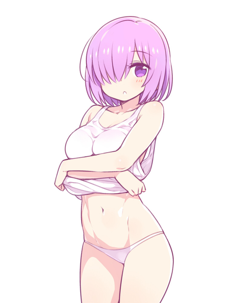 abs breasts chan_co cowboy_shot fate/grand_order fate_(series) hair_over_one_eye large_breasts looking_at_viewer mash_kyrielight navel no_pants panties parted_lips pink_hair purple_eyes short_hair simple_background solo tank_top underwear undressing white_background white_panties
