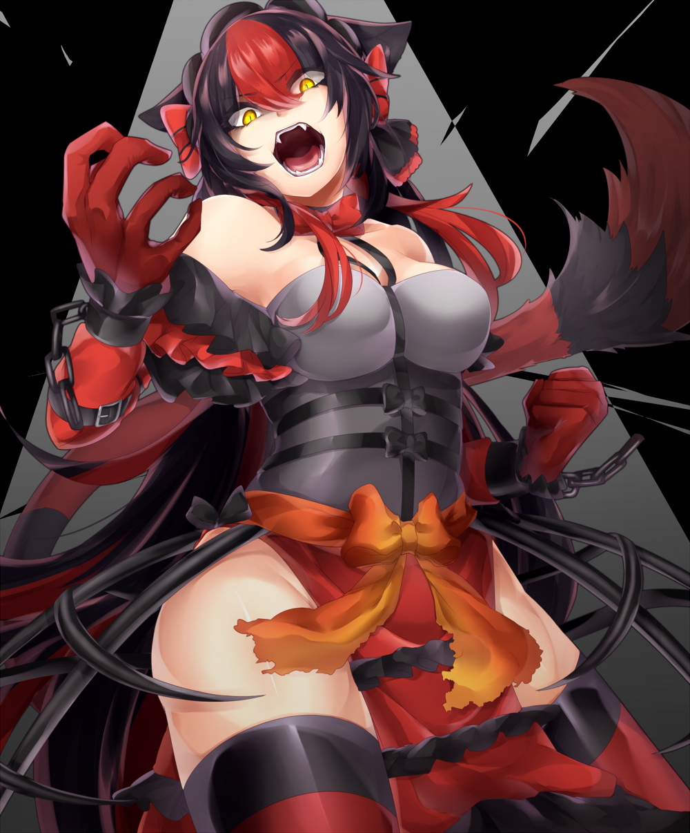bare_shoulders black_background black_hair black_legwear bow breasts broken broken_chain broken_handcuffs chain cleavage clenched_hand fangs gloves hair_bow highres incineroar large_breasts long_hair looking_at_viewer multicolored_hair orange_bow personification pokemon red_bow red_gloves red_hair red_legwear roaring shikkoku_neko solo standing thighhighs two-tone_hair very_long_hair yellow_eyes