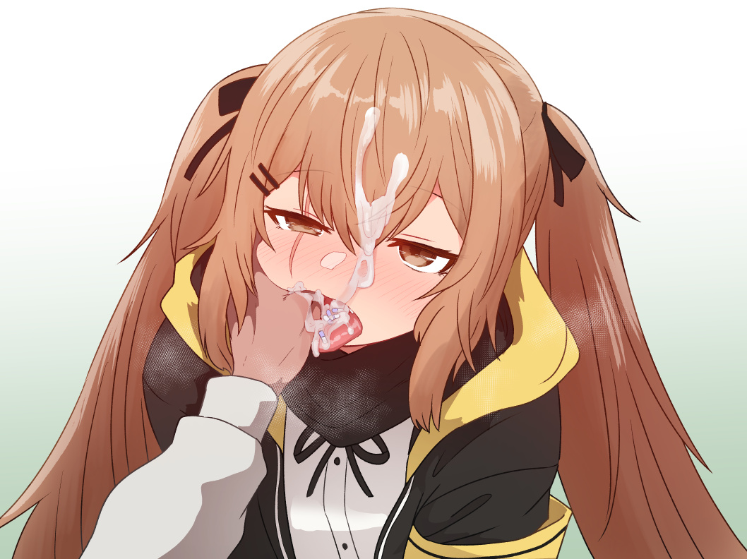 1girl black_jacket black_neckwear black_ribbon blush commentary_request cum cum_in_mouth cum_on_hair drugs facial girls_frontline hair_between_eyes hair_ornament hair_ribbon hairclip hetero hood hood_down hooded_jacket jacket long_hair neck_ribbon open_mouth pill ribbon scar scar_across_eye solo_focus sumiyao_(amam) tongue tongue_out twintails ump9_(girls_frontline) upper_body