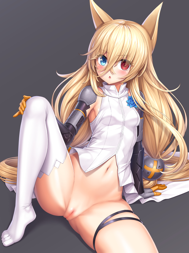 animal_ears arm_support blonde_hair blue_eyes blush bottomless breasts eyebrows_visible_through_hair eyes_visible_through_hair g41_(girls_frontline) girls_frontline grey_background hair_between_eyes heterochromia lambda_(kusowarota) long_hair looking_at_viewer low-tied_long_hair navel pussy red_eyes shirt simple_background single_thighhigh sitting sleeveless small_breasts solo spread_legs thighhighs twintails uncensored very_long_hair white_legwear white_shirt