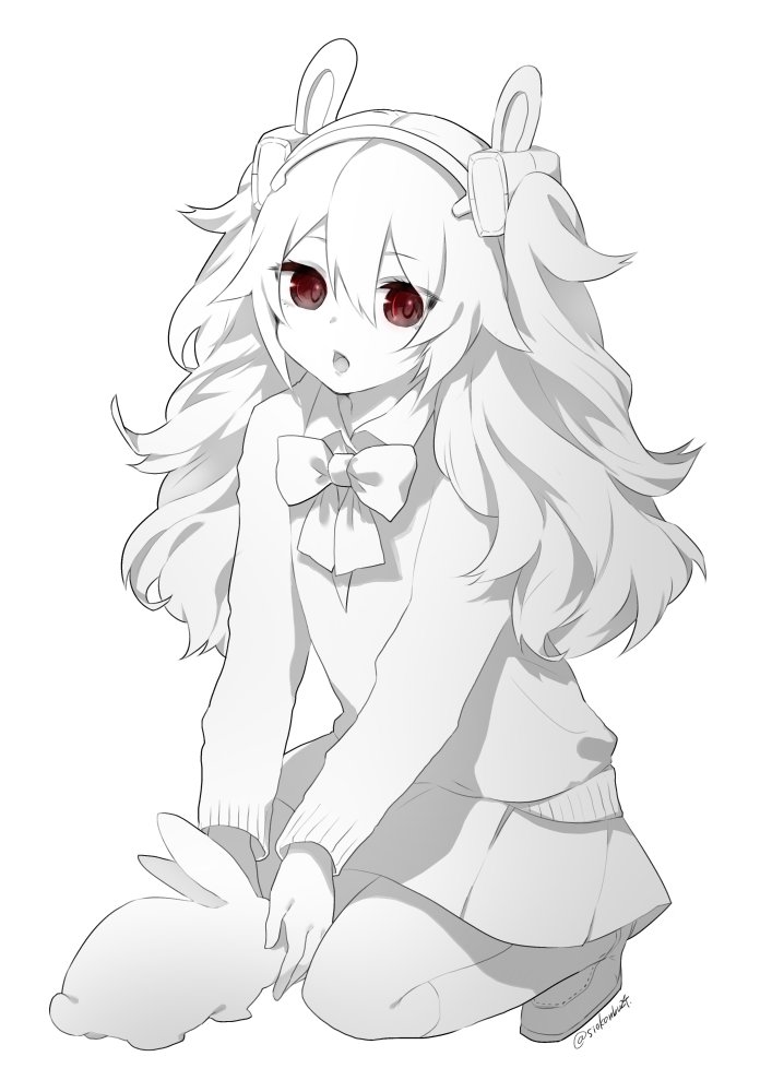 animal animal_ears azur_lane bangs bow bowtie bunny bunny_ears collared_shirt eyebrows_visible_through_hair full_body greyscale hair_between_eyes hair_ornament hairband karinto_yamada kneehighs laffey_(azur_lane) loafers long_hair long_sleeves looking_at_viewer monochrome open_mouth pleated_skirt red_eyes school_uniform shirt shoes simple_background skirt solo spot_color squatting sweater twintails twitter_username white_background