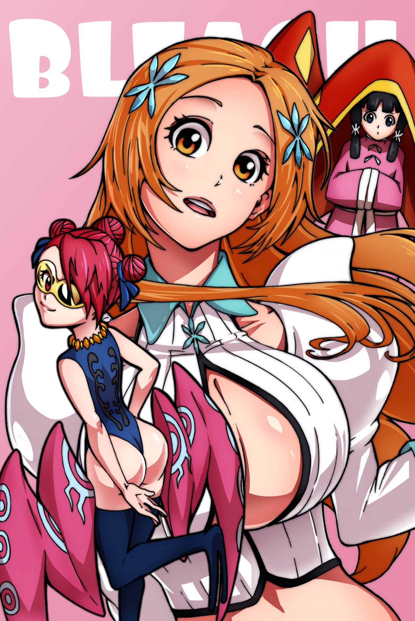 3girls artist_request ass black_hair bleach breasts curvy dress huge_ass inoue_orihime large_breasts leotard long_hair looking_at_viewer looking_back multiple_girls orange_hair red_hair shiny shiny_skin simple_background smile