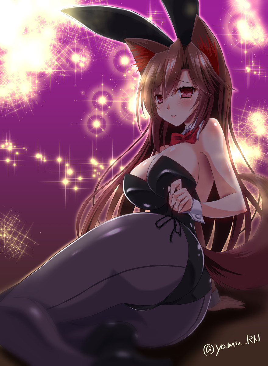 animal_ears ass black_leotard blush bow bowtie breasts brown_hair bunny_ears bunny_girl bunnysuit cleavage commentary_request cowboy_shot detached_collar extra_ears grey_legwear highres imaizumi_kagerou large_breasts leotard long_hair looking_at_viewer lying on_side pantyhose purple_background red_eyes red_neckwear solo sparkle strapless strapless_leotard tail touhou twitter_username wolf_ears wolf_tail wrist_cuffs yamu_(reverse_noise)
